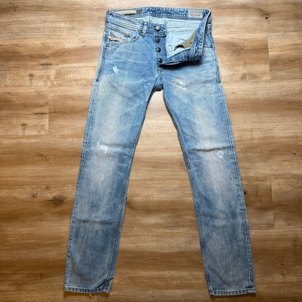 Diesel Belther Jeans Mens 28x32 Light Blue Slim Tapered Distressed Denim 0816J